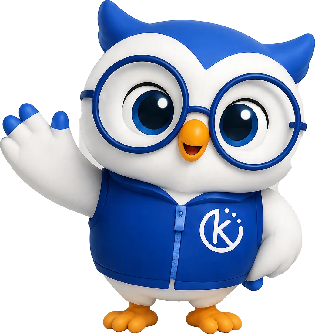 KAI, the owl mascot of Kaushik Consulting's bid intelligence platform, waving hello